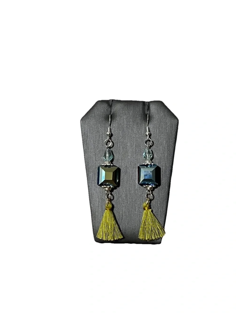 Handcrafted Iridescent Crystal Cube Dangle Earrings Olive Green Tassel Boho